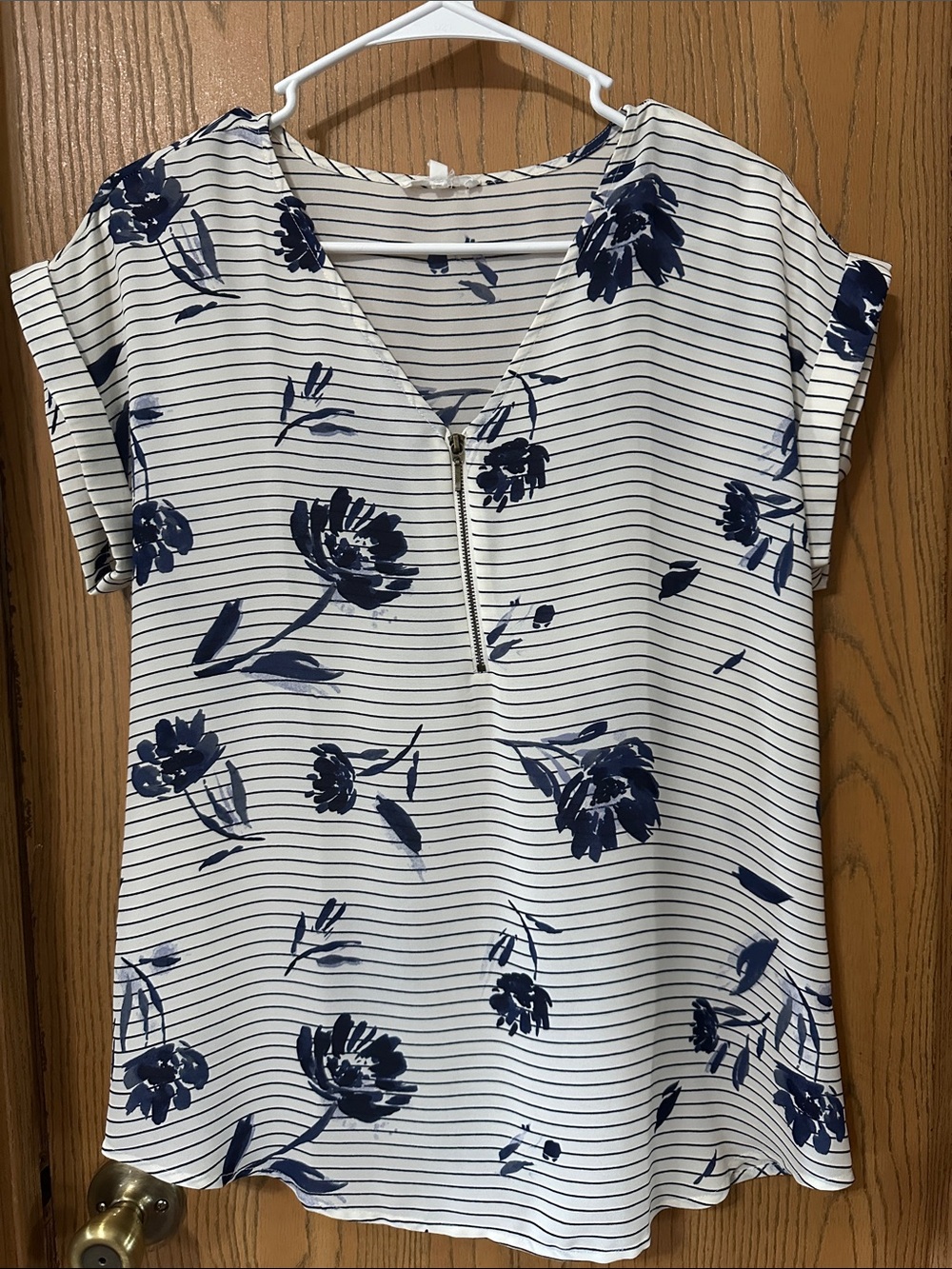 Maurices White and Navy Striped Floral V-Neck Top with Front Zip